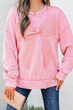 Bright Pink Mineral Wash Big Bow Patchwork Pullover Sweatshirt- Women