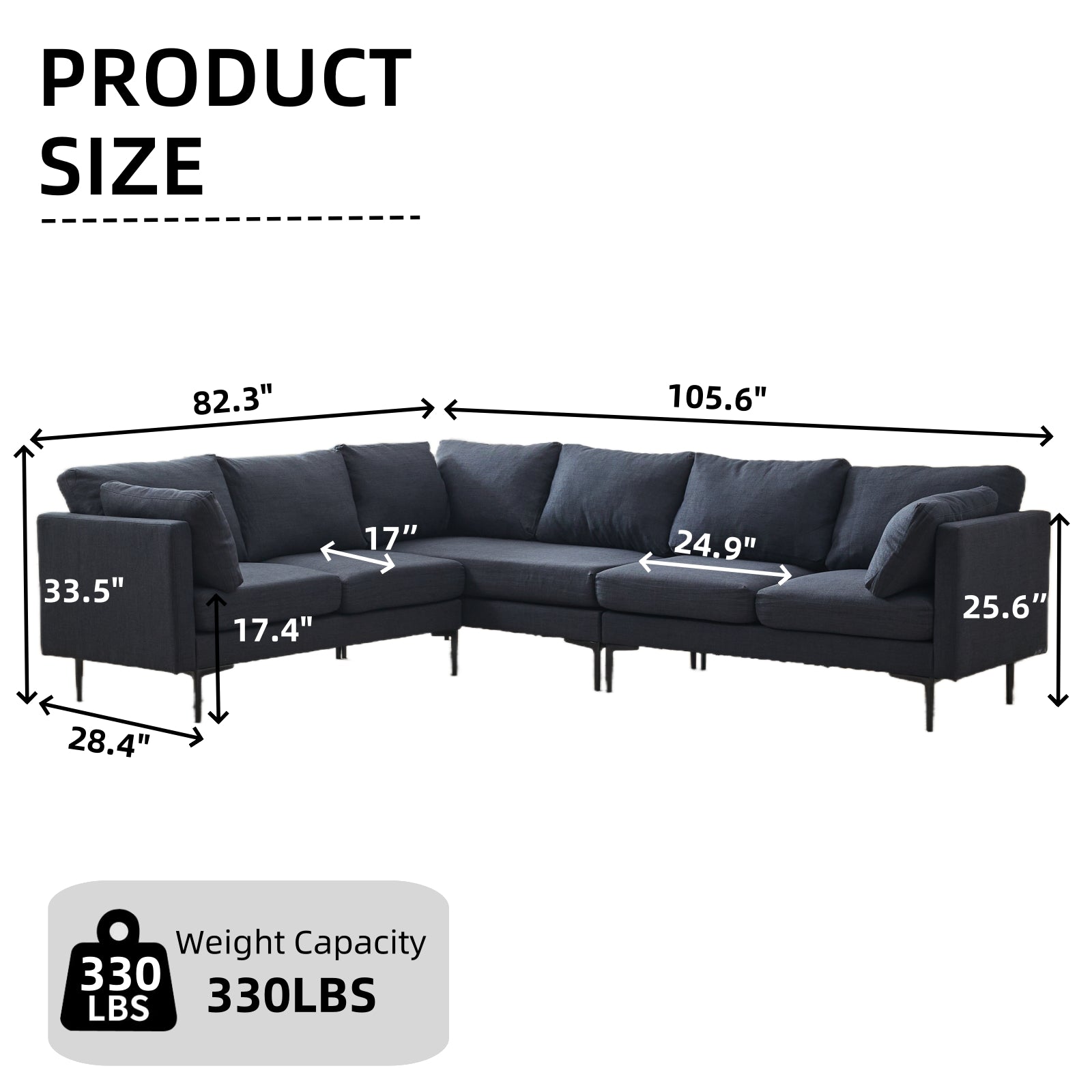 106' W Sectional L Shaped Sofa Couch Set for Living Room, Convertible Oversized 6-Seat Corner Sofa Sets with 2 Pillows, Modern Linen Sofas with Metal Legs for Living Room Apartment