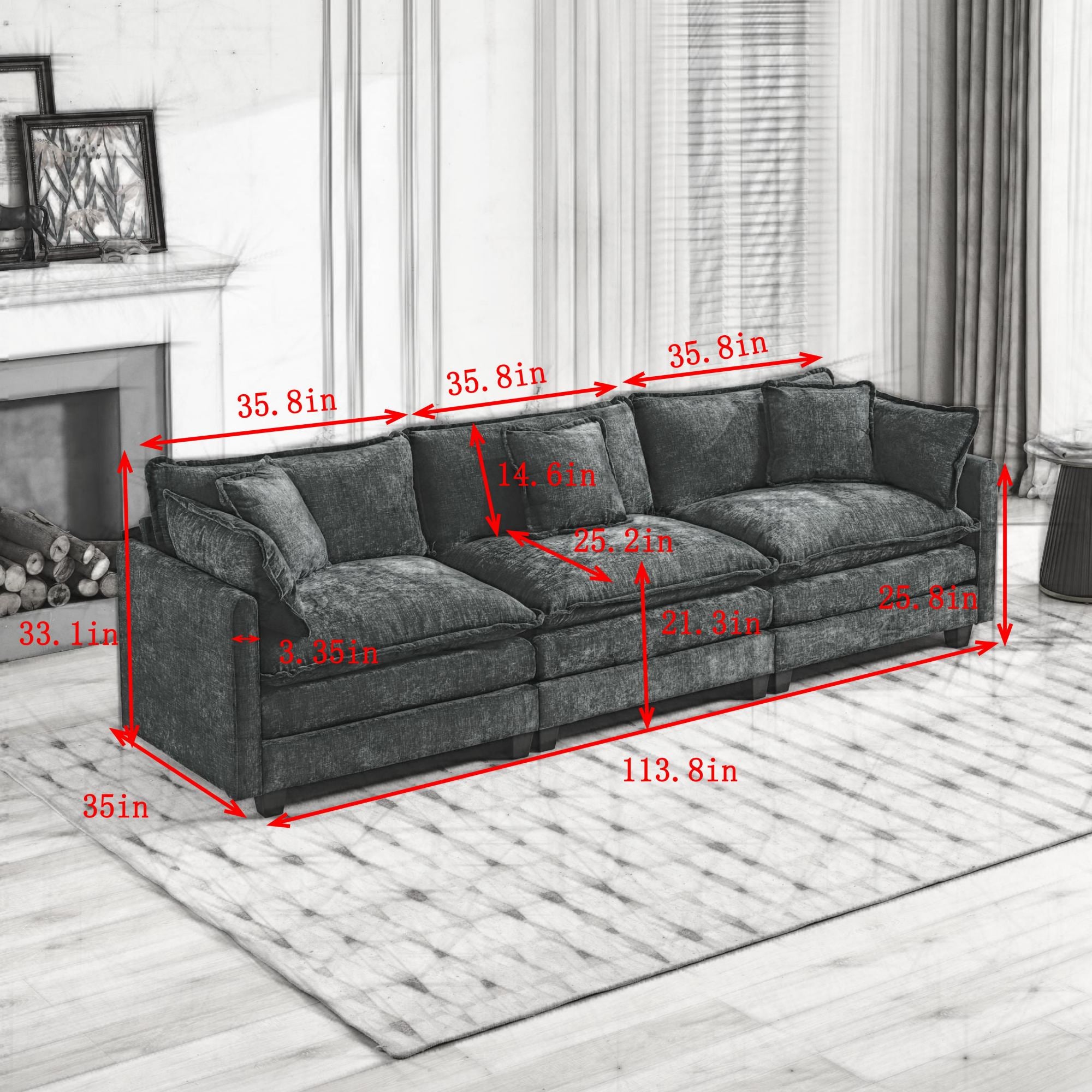 Cloud Sofa 3 Seats (Ottoman is not included), Modern Sectional Couch, for Living Room Bedroom and Apartment, Comfy Double Layer Upholstered Seat Cushion, Breathable Chenille Fabric, Beige,SW5013BG