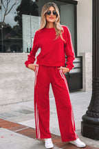 Fiery Red Varsity Striped Detail Crewneck Pullover Elastic Sweatpants 2pcs Outfit- Women