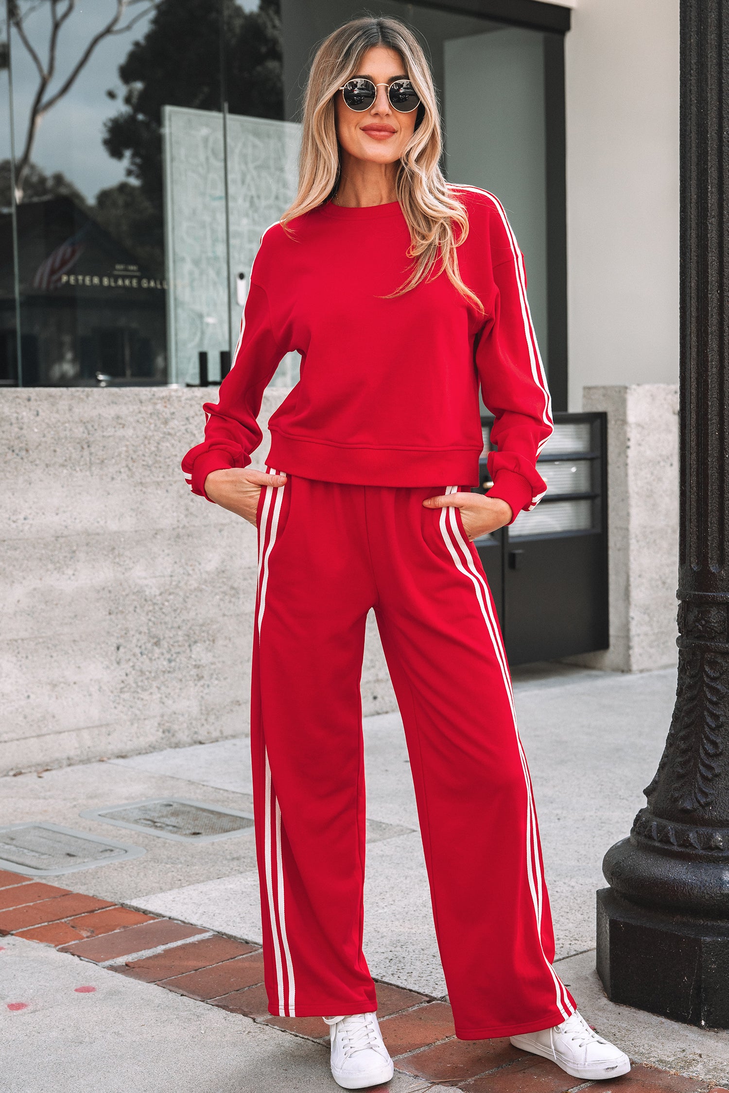 Fiery Red Varsity Striped Detail Crewneck Pullover Elastic Sweatpants 2pcs Outfit- Women