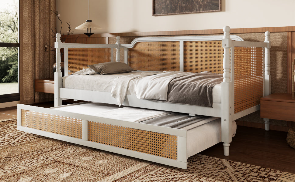Traditional Style Rattan Twin Size Daybed with 2 Drawers, Antique White, Solid Pine Wood & MDF