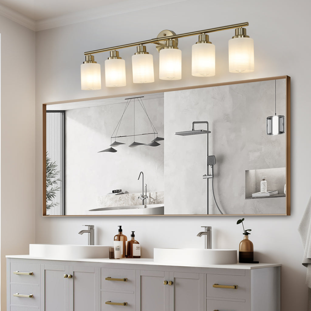 39' Modern 6-Light Vanity Wall Sconce, Golden Finish with Frosted Glass Shades for Bathroom or Hallway Lighting (No Bulbs)