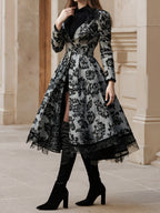 2026 New Women's Evening Dress, Lace Decoration, Collar, Flower Print Press, Long Sleeve, Dance Dress