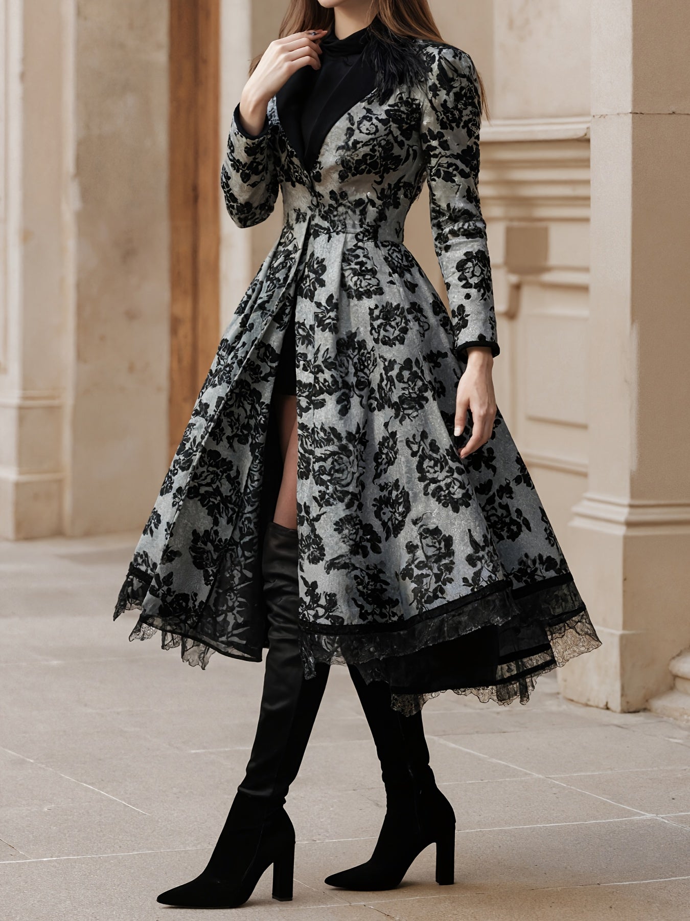 2026 New Women's Evening Dress, Lace Decoration, Collar, Flower Print Press, Long Sleeve, Dance Dress