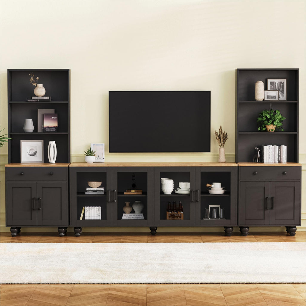 Farmhouse TV Stand with Solid Wood Gourd-Shaped Legs for TVs Up to 70', Entertainment Center with Bookshelves & Tempered Glass Doors, Media Console with Adjustable Shelves, Living Room, Black