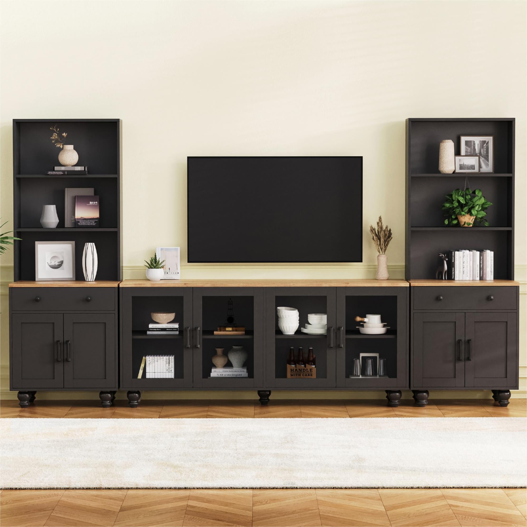 Farmhouse TV Stand with Solid Wood Gourd-Shaped Legs for TVs Up to 70', Entertainment Center with Bookshelves & Tempered Glass Doors, Media Console with Adjustable Shelves, Living Room, Black
