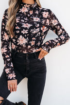 Black Floral Mesh Mock Neck Long Sleeve Slim Fit Top- Women