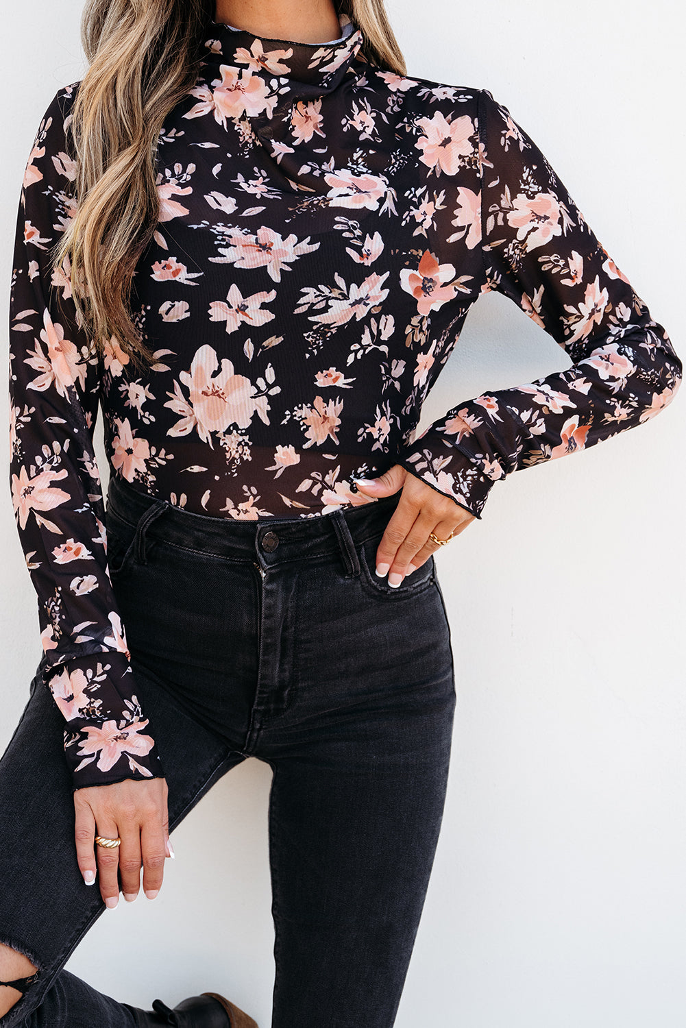 Black Floral Mesh Mock Neck Long Sleeve Slim Fit Top- Women