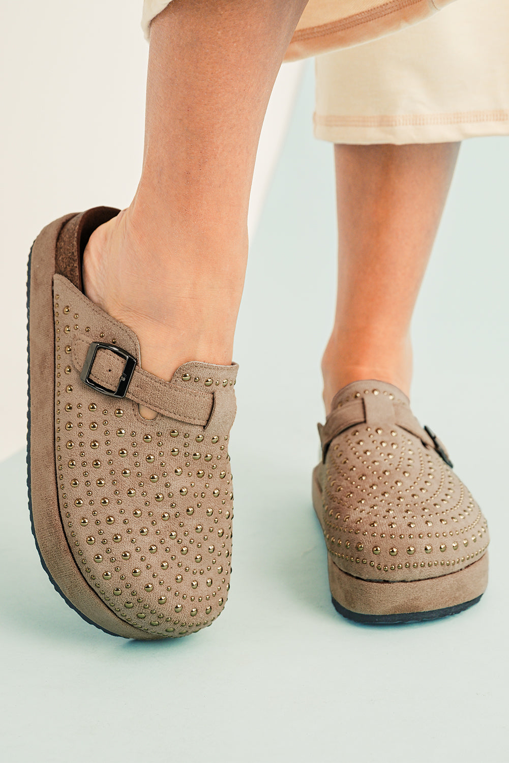 Parchment Rivet Buckle Closed Toe Platform Slippers- Women