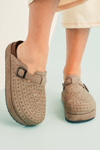 Parchment Rivet Buckle Closed Toe Platform Slippers- Women