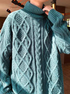 Japanese-style Retro Green Jacquard Turtleneck Men Sweater