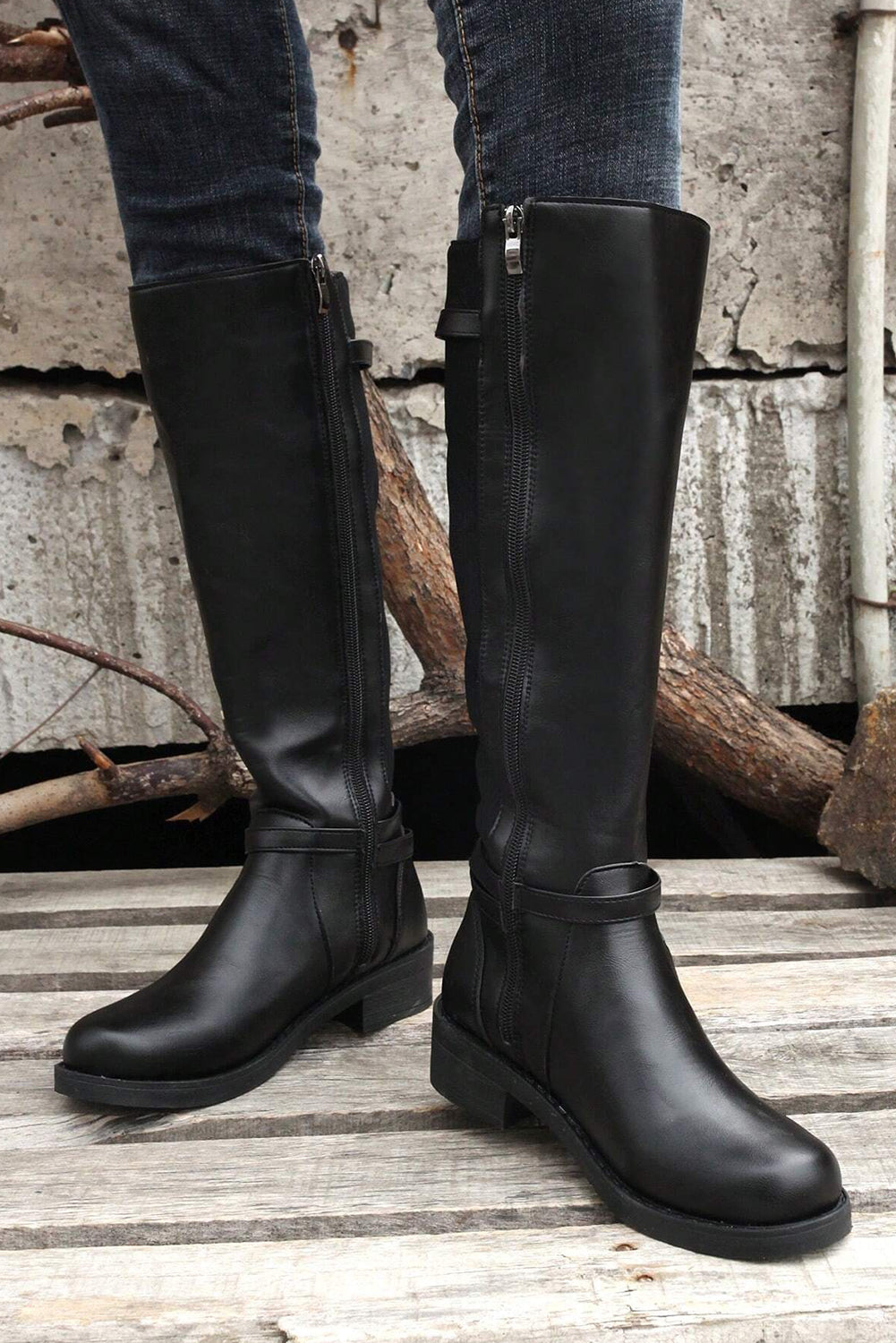 Black Side Zipper Knee High Chunky Low Heel Boots- Women