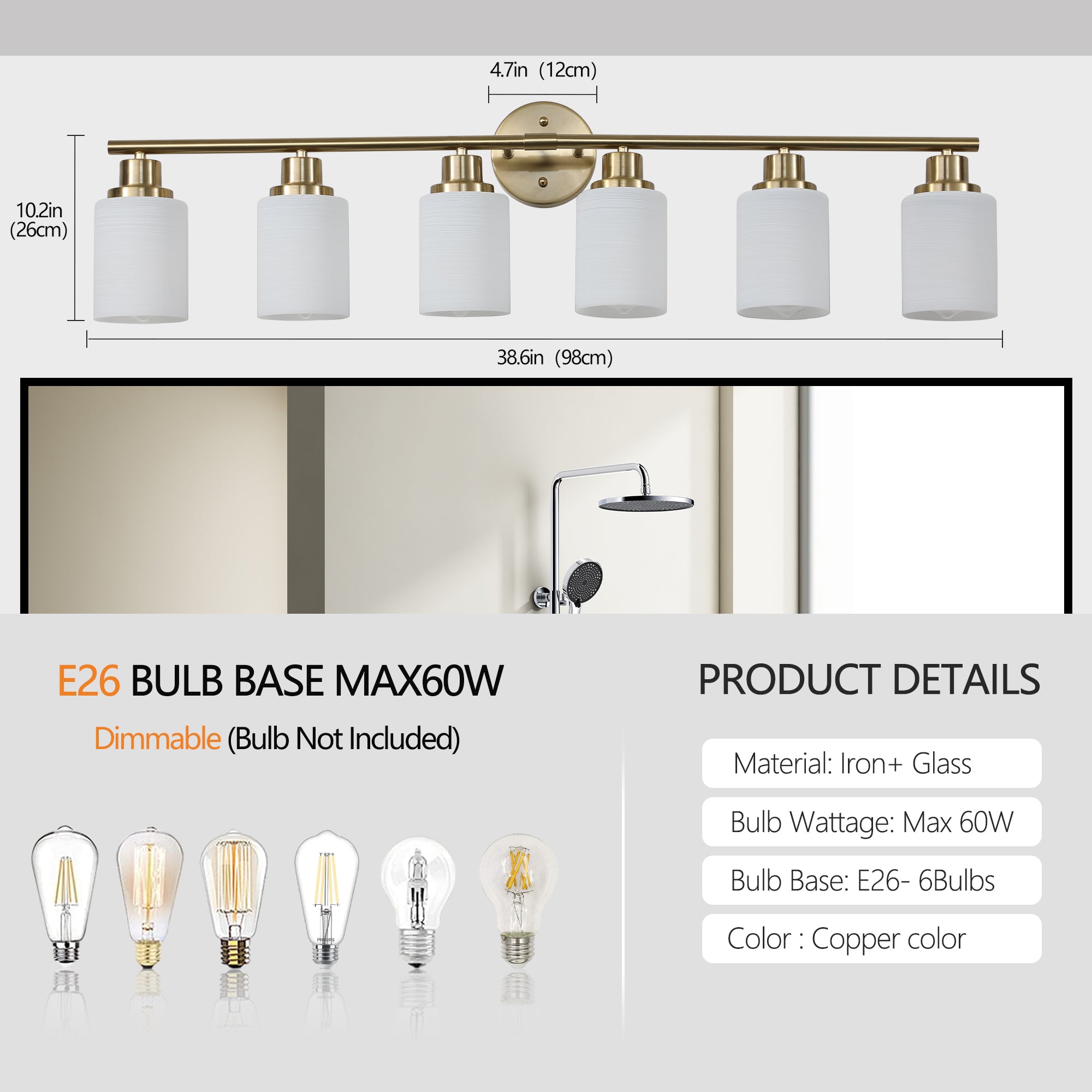 39' Modern 6-Light Vanity Wall Sconce, Golden Finish with Frosted Glass Shades for Bathroom or Hallway Lighting (No Bulbs)