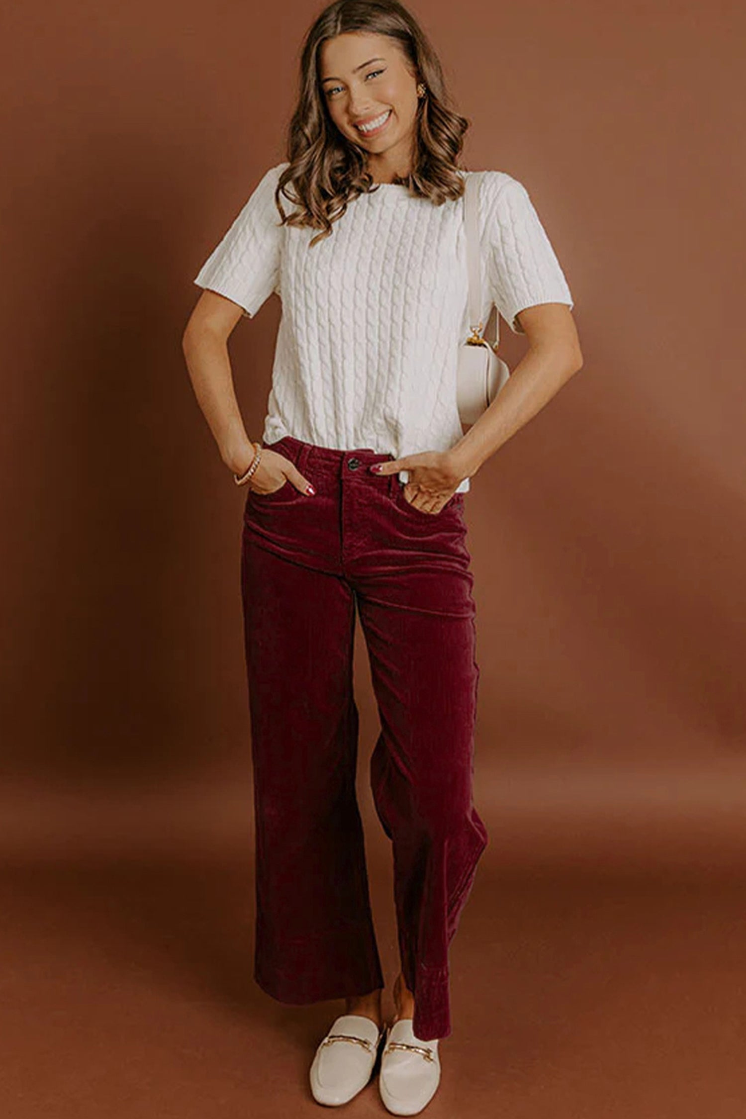 Burgundy Corduroy Solid Color High Waist Wide Leg Pants- Women