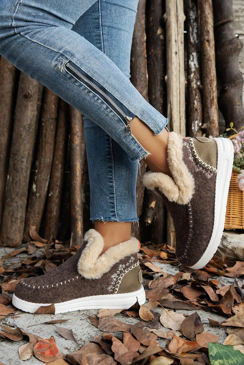 Coffee Suede Stitching Patchwork Plush Lined Anklet Boots- Women