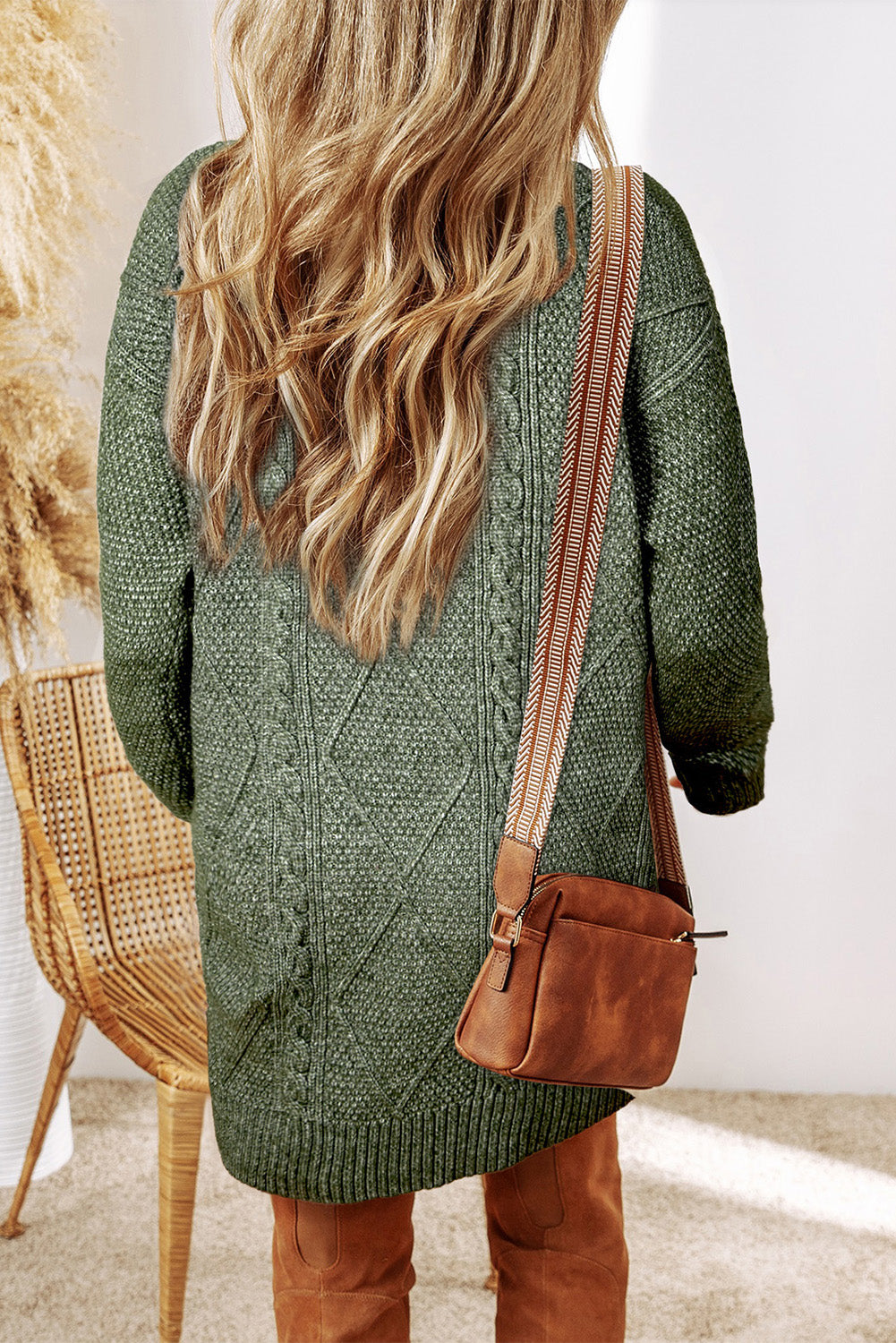 Mist Green Cable Knit Drop Shoulder Loose Fit Sweater Dress- Women