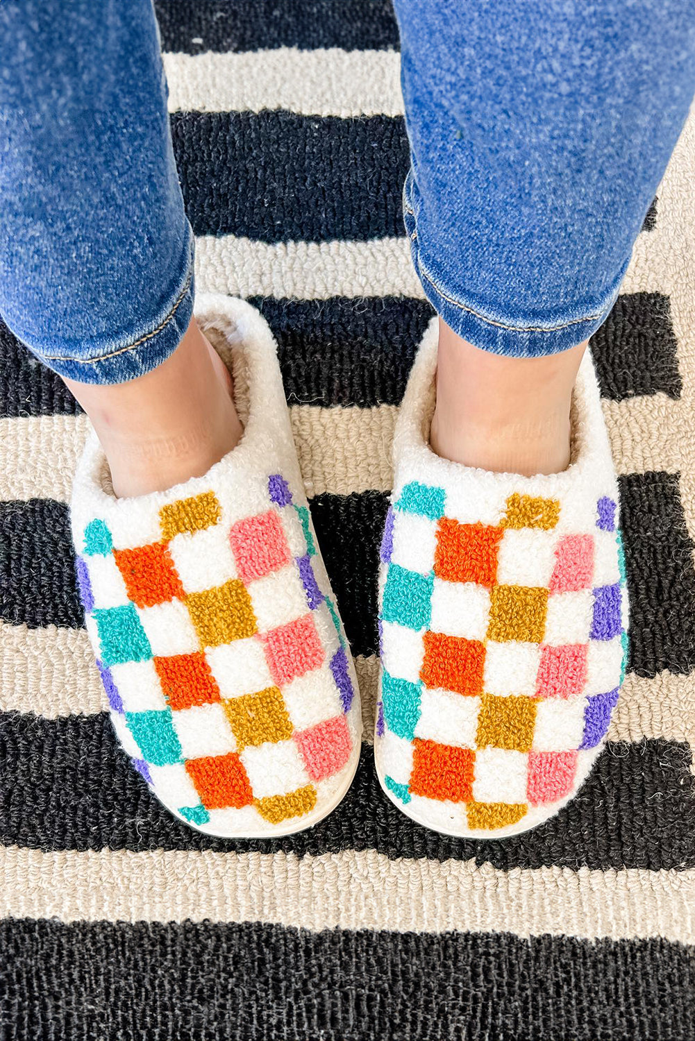 White Vibrant Checkered Plush Thermal Slippers- Women White
