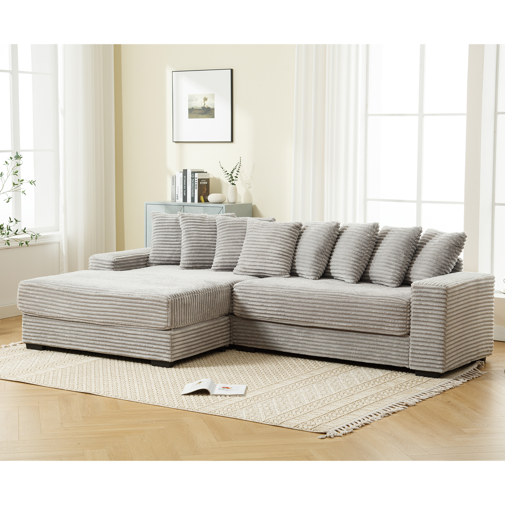 [NEW ARRIVED] [VIDEO PROVIDED] Oversized Two-Piece Couches, L Shaped Sofa, Corduroy, Left Chaise Daybed,with Armrests,Eight Throw Pillows,Corner Sofa,Easy To Assemble, Gray