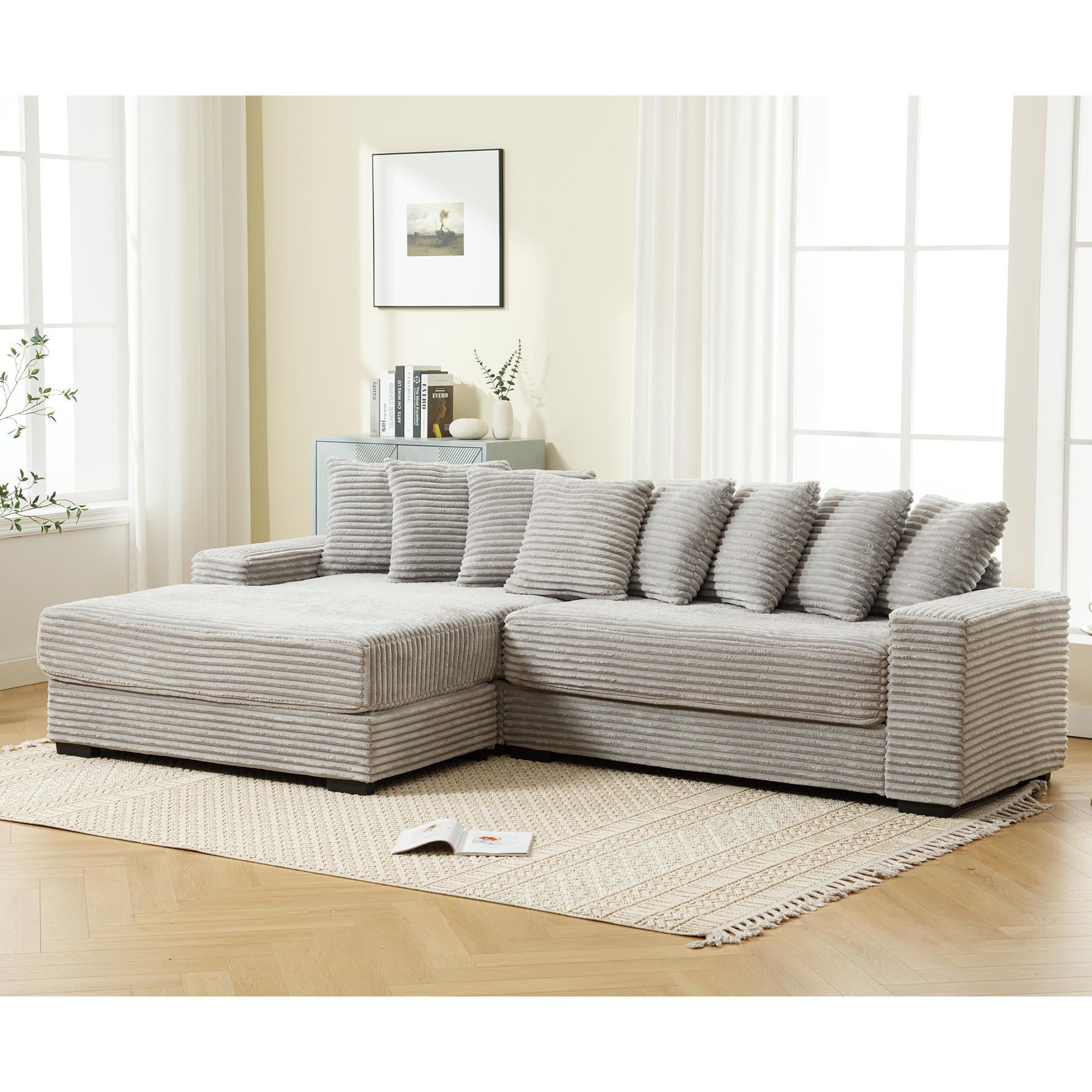 [NEW ARRIVED] [VIDEO PROVIDED] Oversized Two-Piece Couches, L Shaped Sofa, Corduroy, Left Chaise Daybed,with Armrests,Eight Throw Pillows,Corner Sofa,Easy To Assemble, Gray