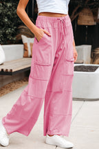 Bonbon Mineral Wash Exposed Seam Drawstring Elastic Waistband Wide Leg Cargo Pants- Women