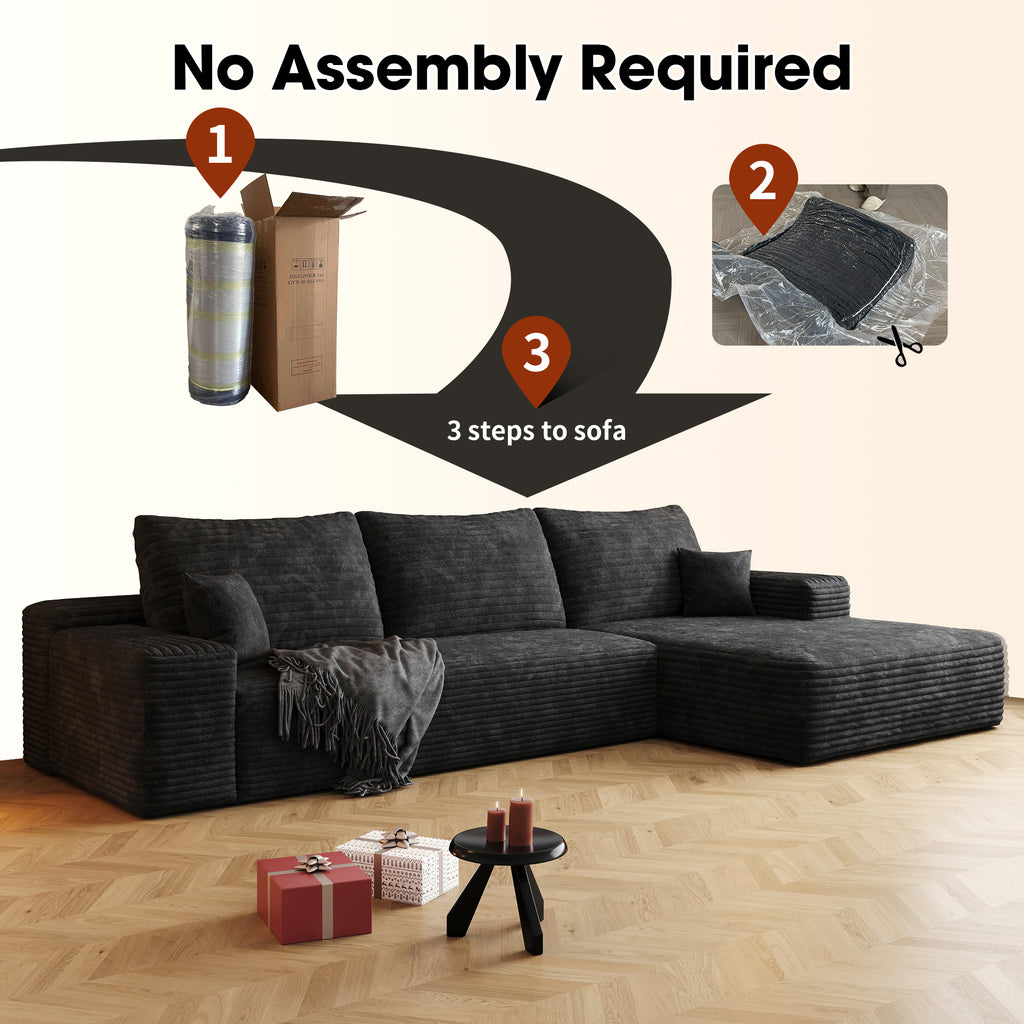 107' Cloud Sectional Couch with L-Shape Chaise,Modern Modular Sofa with Deep Seat, Upholstered Couches for Living Room Bedroom,No Assembly Required, BLACK(Plush Corduroy Fabric)