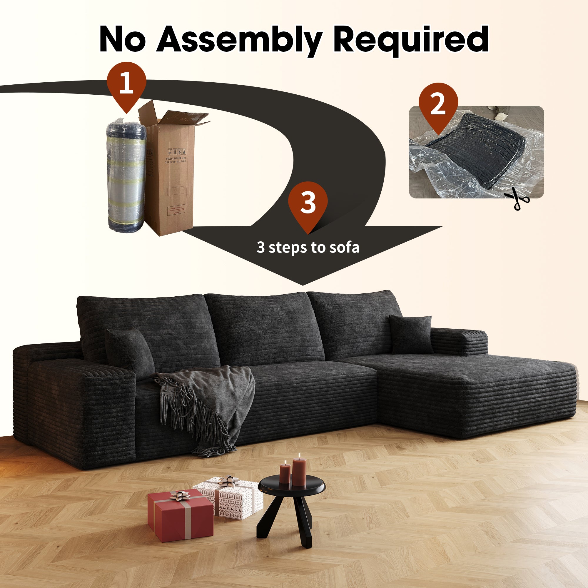 107' Cloud Sectional Couch with L-Shape Chaise,Modern Modular Sofa with Deep Seat, Upholstered Couches for Living Room Bedroom,No Assembly Required, BLACK(Plush Corduroy Fabric)