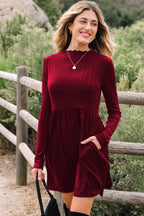 Red Dahlia Frilled Neck Ribbed Knit Patchwork Long Sleeve Mini Dress- Women