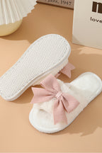 White Bow Knot Decor Open Toe Plush Slippers- Women