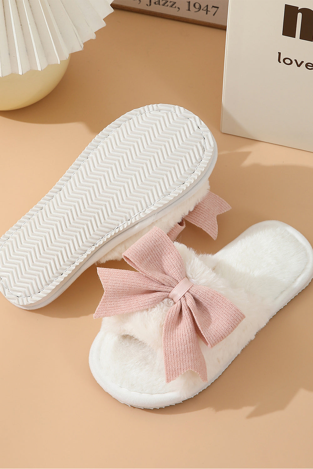 White Bow Knot Decor Open Toe Plush Slippers- Women