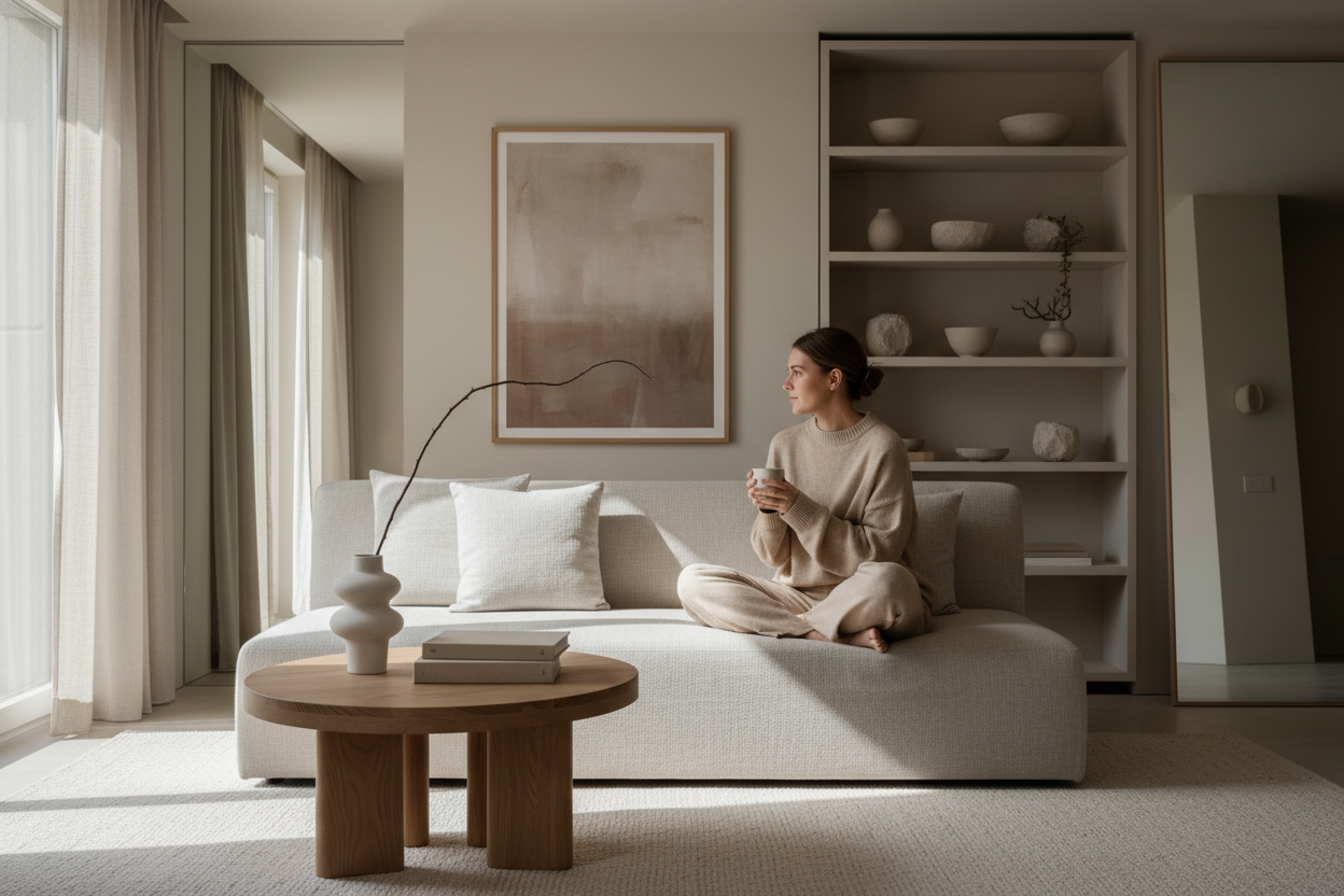 Minimal lifestyle scene focused on calm, modern living.
Natural light, neutral palette, organic textures.
No visible branding, no eco clichés.
Editorial photography style.
