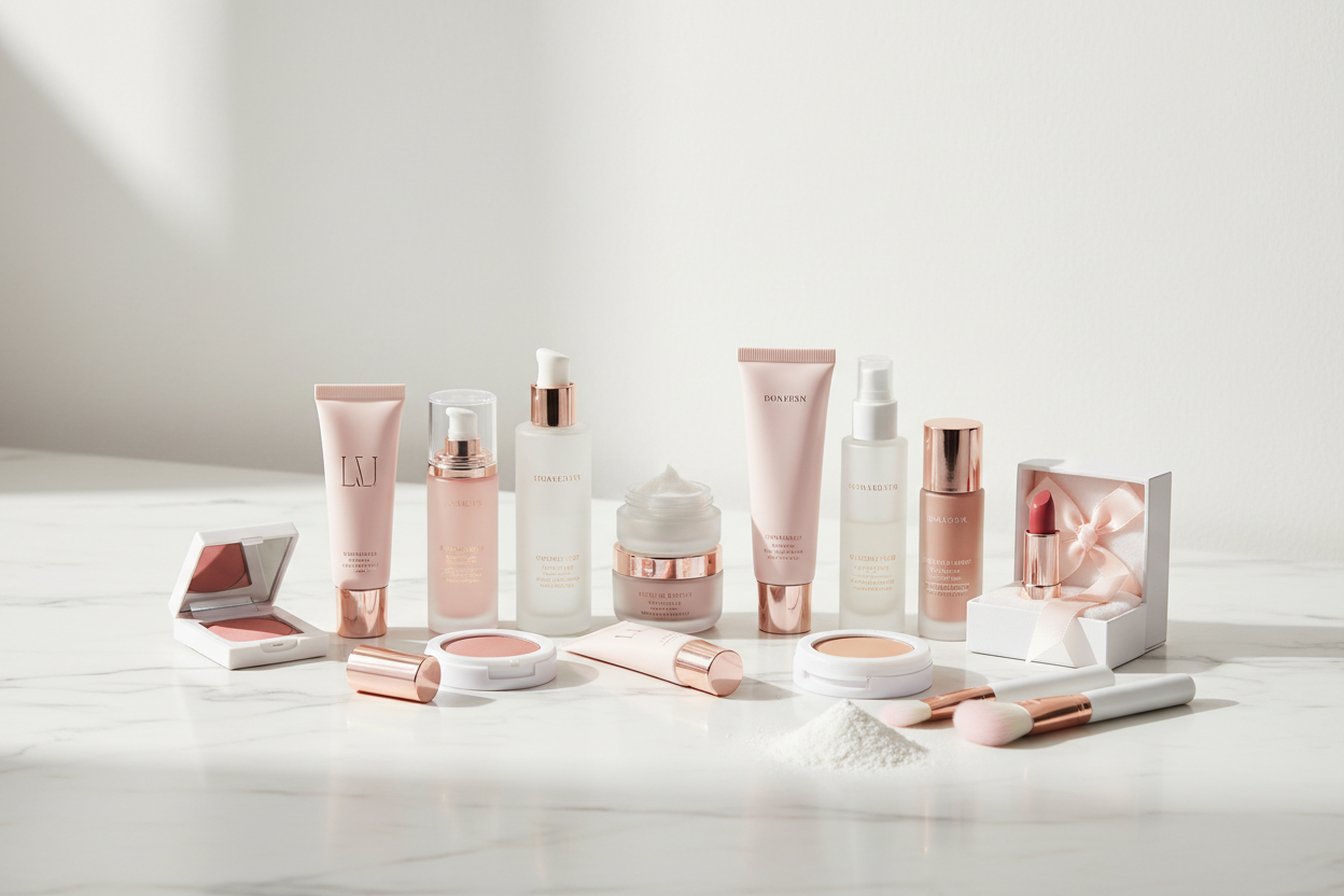 Premium beauty and skincare products arranged on a clean white marble surface, soft natural lighting, makeup brushes, skincare bottles, and cosmetics in elegant packaging, professional product photography, minimalist aesthetic, pastel pink and white tones