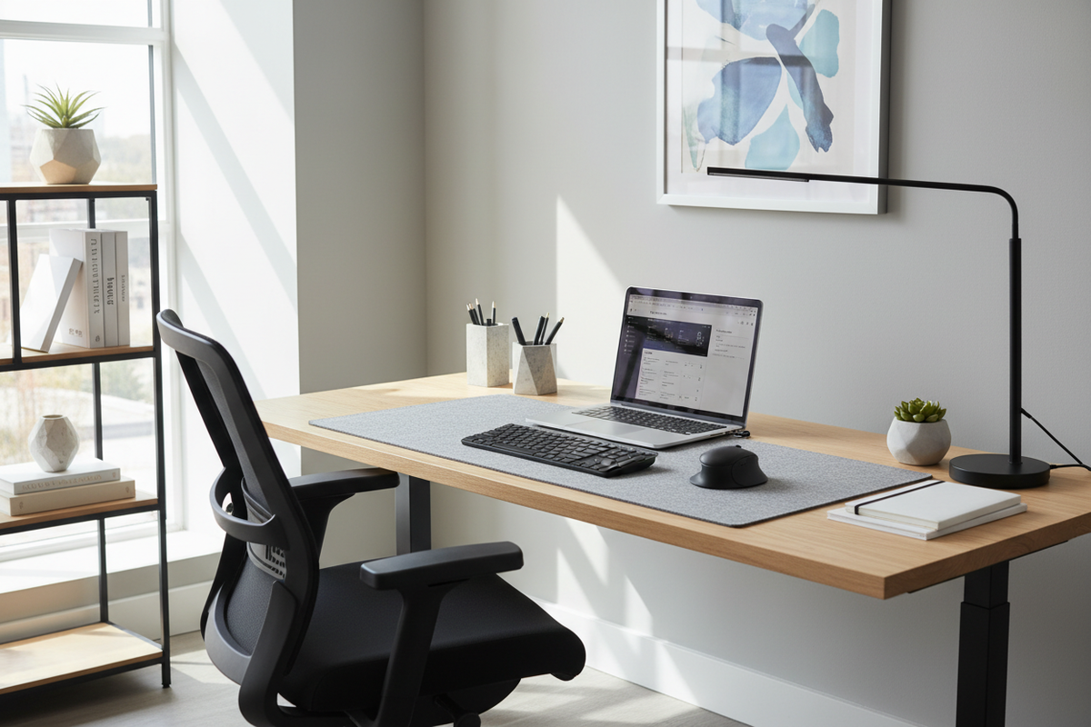 Professional workspace with laptop, desk accessories, organized office supplies, modern ergonomic setup, clean minimalist desk, natural light, productivity-focused environment, contemporary office design"